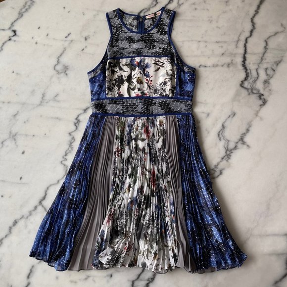 Rebecca Taylor Mixed Pattern Print Dress with Pleated Skirt - Picture 4 of 16